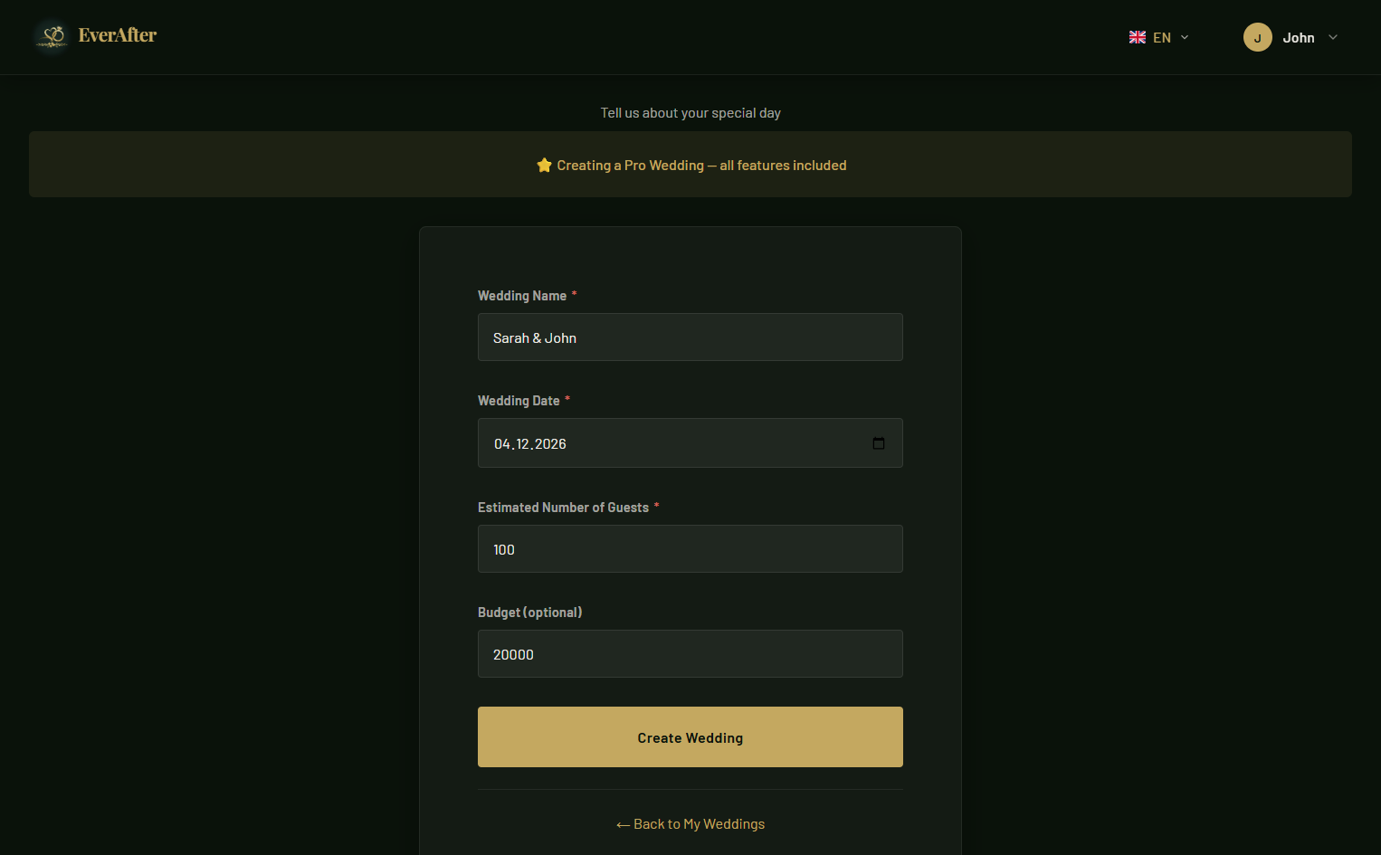 Create Wedding screen